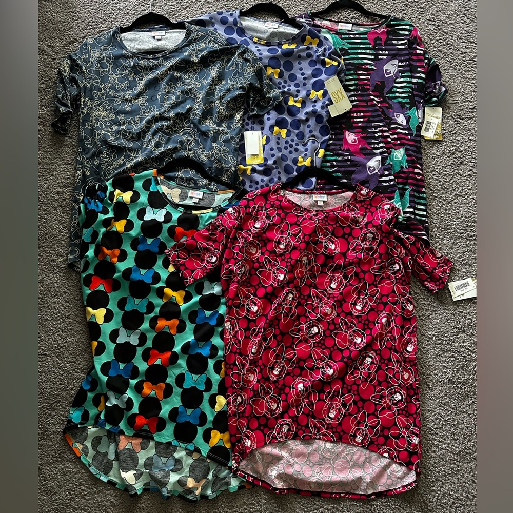 5 Brand New with Tags LulaRoe Disney shirts, 2 xxs, 1 xs, 1s, and 1 large